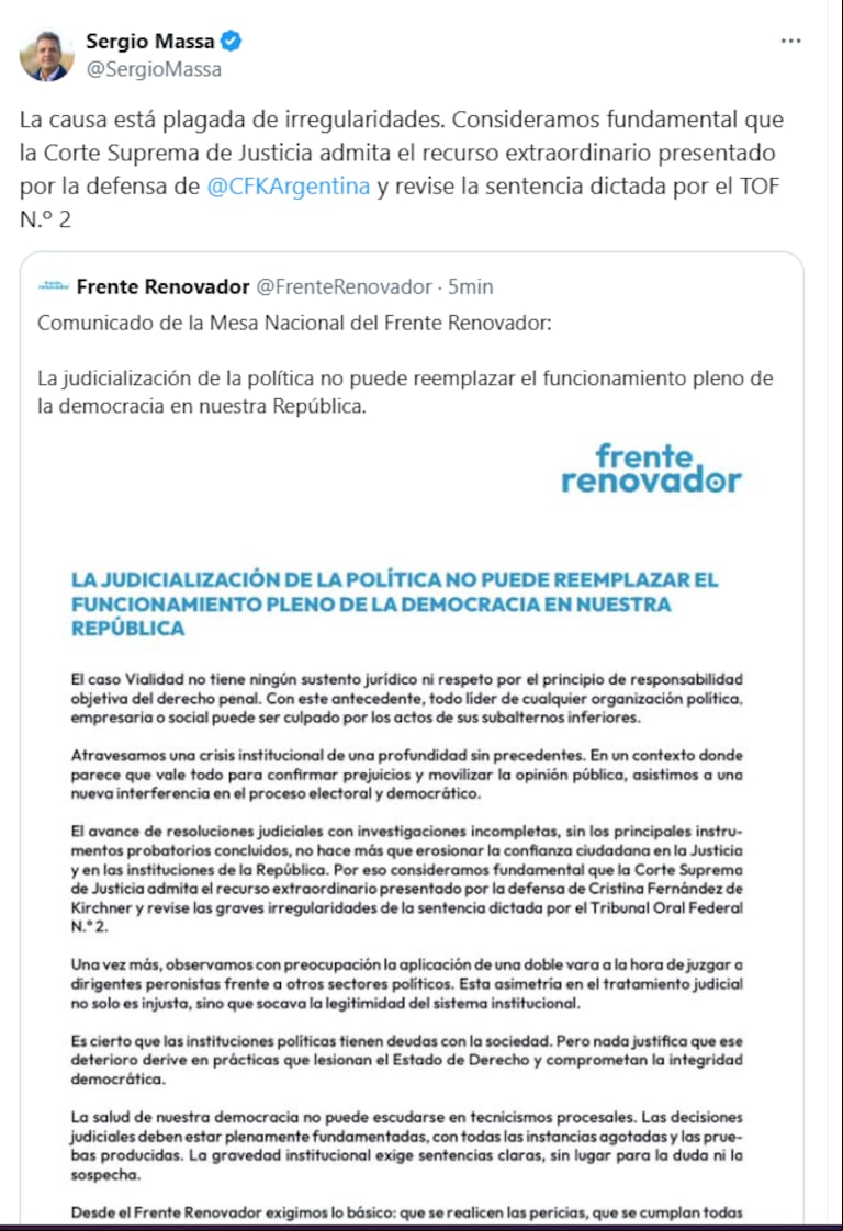 El comunicado del Frente Renovador en apoyo a CFK. (Foto: Captura / @sergiomassa)