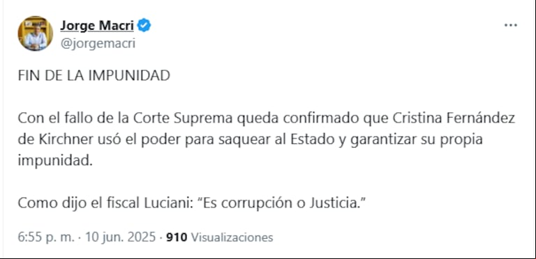 El mensaje de Jorge Macri tras el fallo de la Corte Suprema en la causa Vialidad. (Foto: Captura X / @jorgemacri)