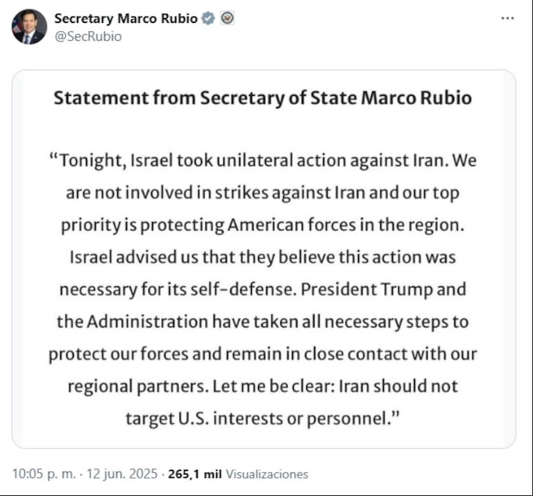 La publicación de Marco Rubio a través de su perfil en X. (Foto: X/@SecRubio)